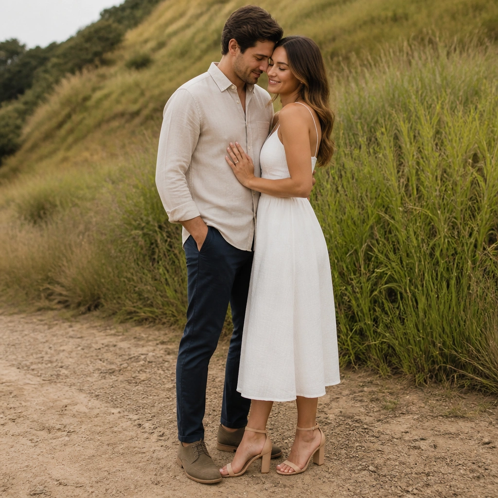 A couple standing near green grass and soft dirt; her heeled sandals have a neutral strap; his shoes are clean with a matte finish; the ground shows texture but shoes look tidy.