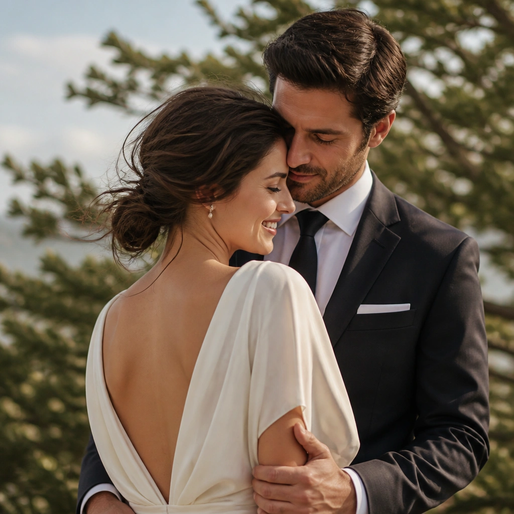The woman’s hair is styled in a loose low bun with a few intentional strands; the man’s outfit stays neat; both are outdoors with visible wind movement in the background leaves.