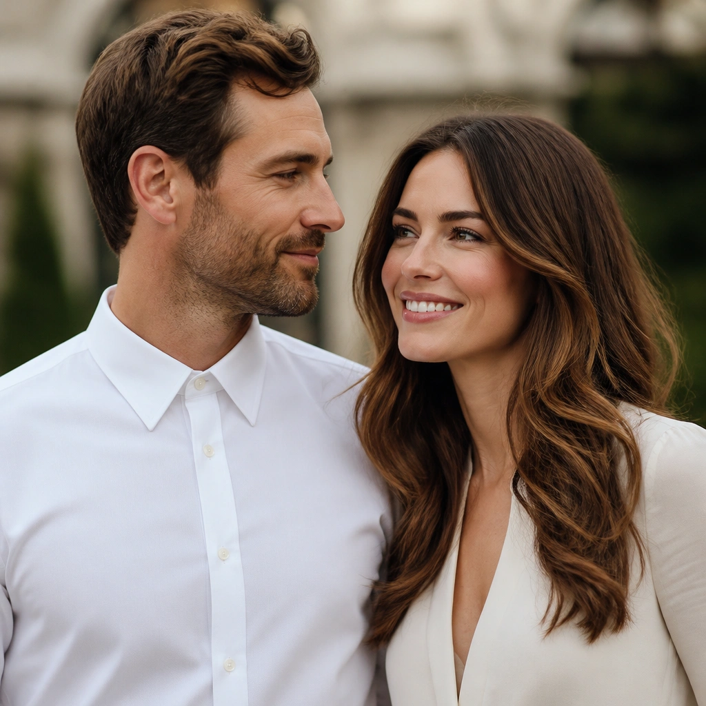A man in a tailored button-down with a perfectly aligned collar and subtle cuff detail; the collar sits flat with no curling; the couple is framed from chest up with soft background blur.
