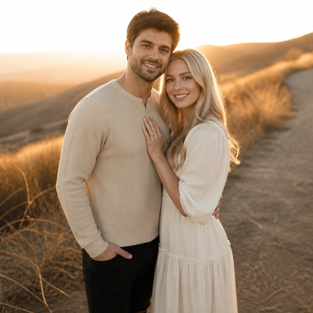 A warm sunset scene with long shadows; the couple stands in soft backlight; highlights are golden on their hair and shoulders; faces are evenly lit without harsh squinting.