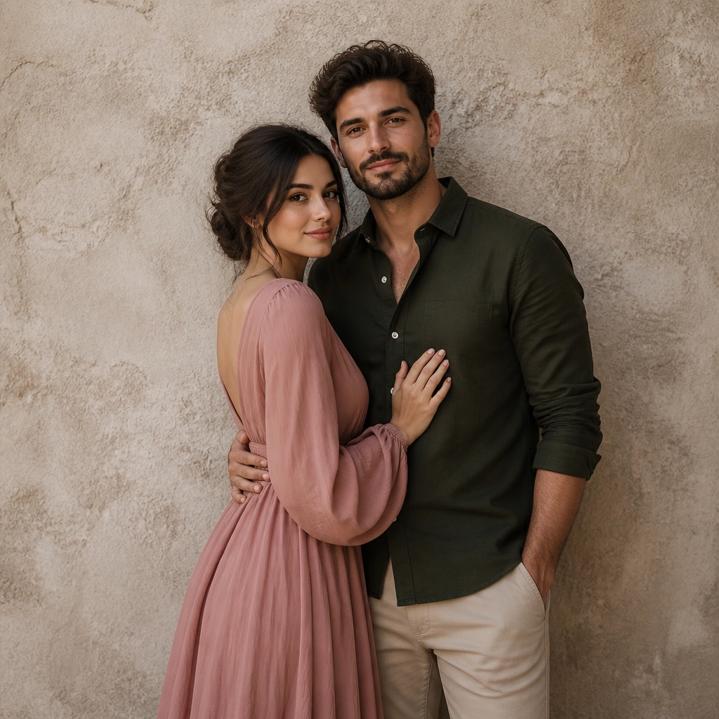 The couple stands against a textured wall: she wears a dusty rose dress; he wears a dark olive shirt. The wall is neutral and the couple stands out clearly; the frame is mid-length.
