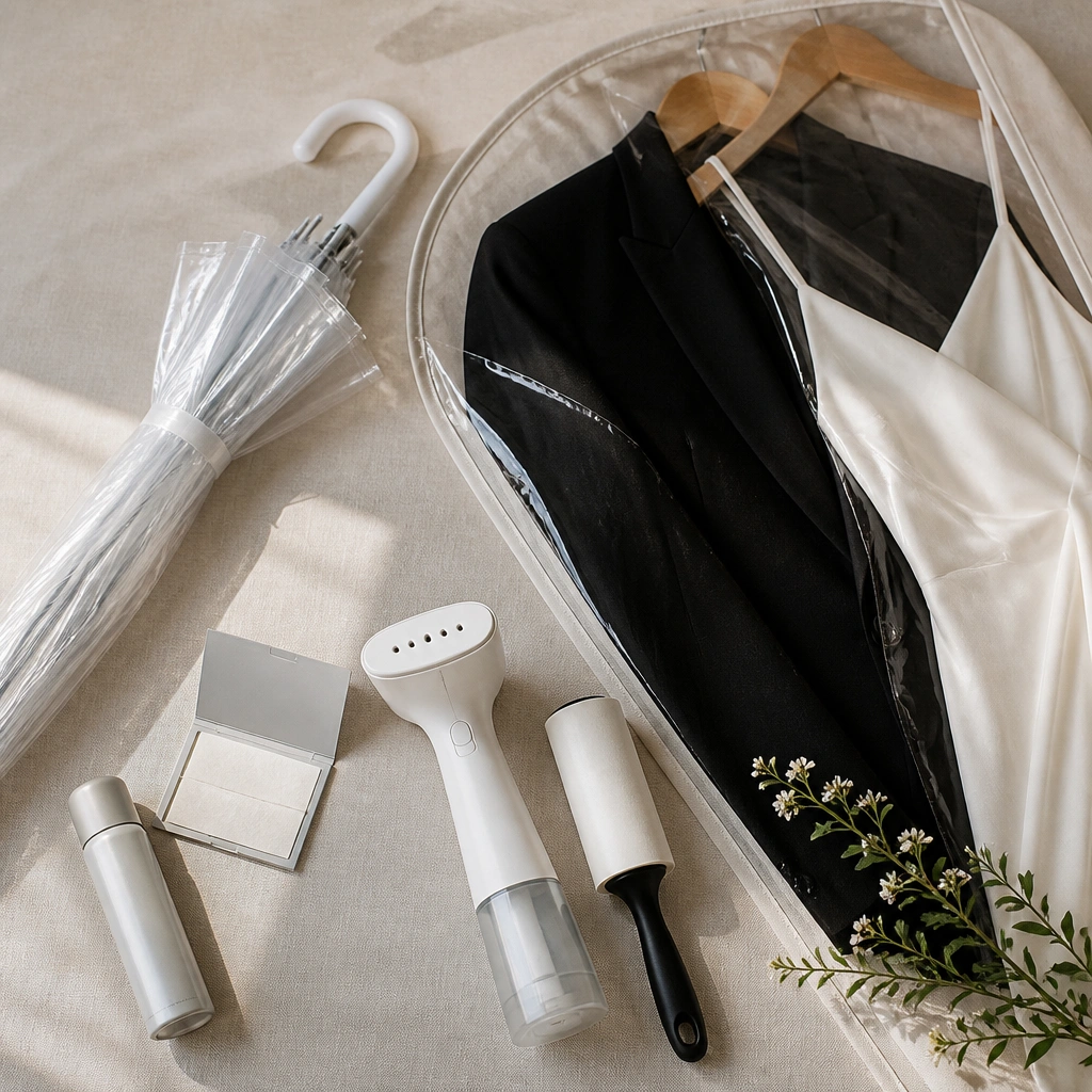A flat-lay of a small pre-wedding kit: mini hairspray, blotting sheets, a travel steamer, lint roller, and a clear umbrella; a couple’s outfits hang nearby in a garment bag.