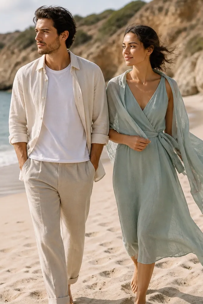 A sunlit beach scene: a men’s cream linen shirt open over a white tee paired with sand-beige trousers; a women’s airy midi dress in soft sea-glass green with a light wrap. Both outfits look wind-kissed with relaxed silhouettes.