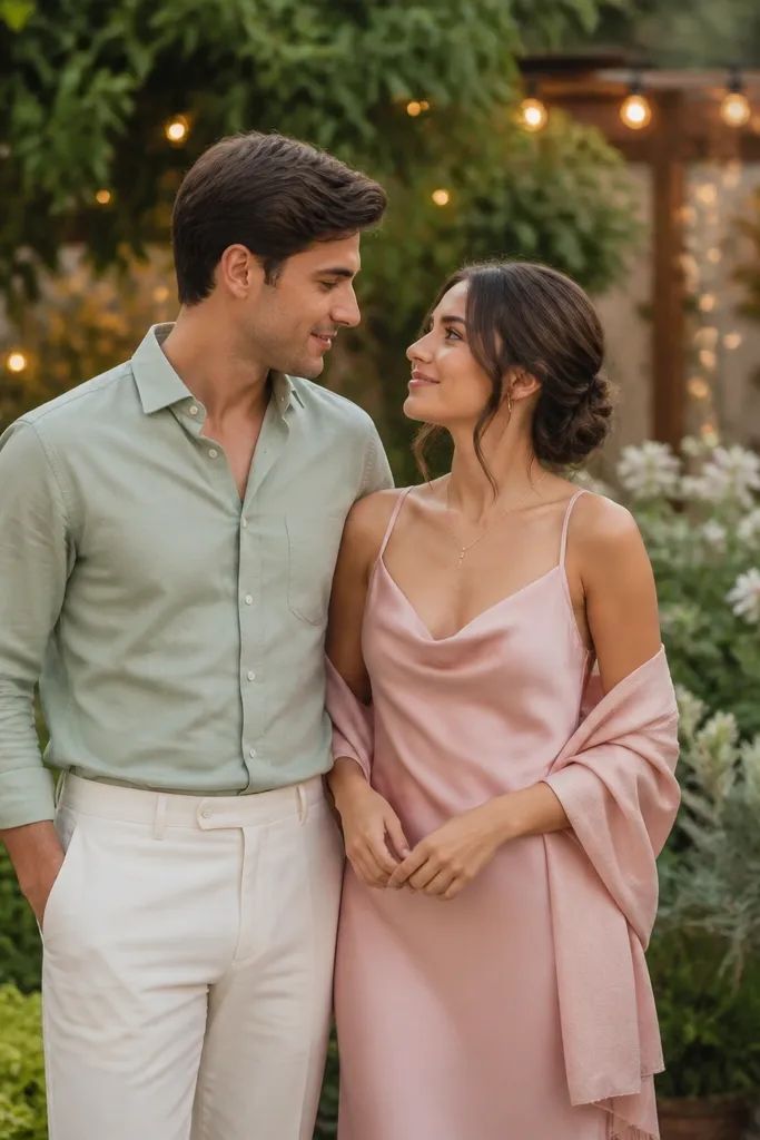 A lush garden backdrop: men in a light sage button-down and tailored off-white chinos; women in a blush-pink satin slip dress with thin straps and a matching cropped shawl. Soft bokeh lights and greenery fill the background.