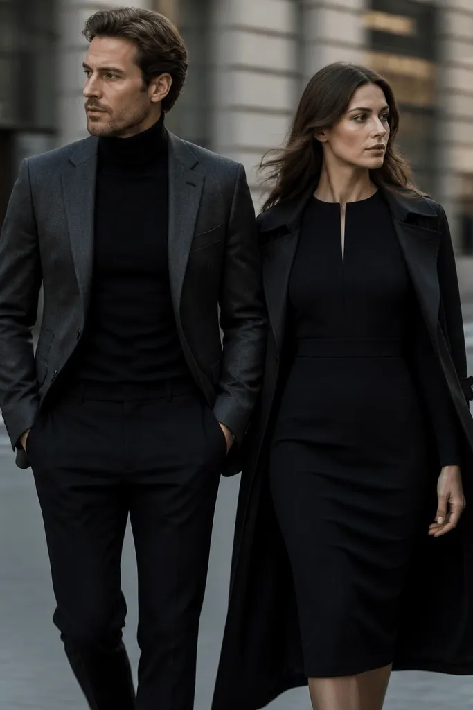 An urban street shot: men in a charcoal tailored blazer with black trousers and a fitted black turtleneck; women in a sleek black midi dress with a structured waist and a long, minimal trench-style layer. Background shows buildings with soft motion blur.