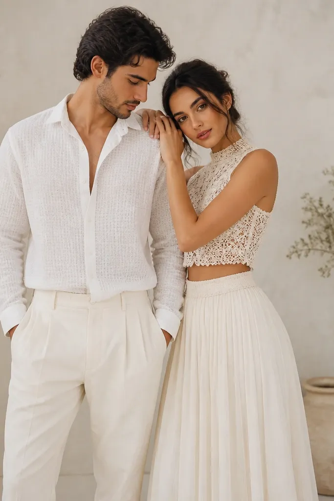 A bright studio setup: men in a textured white shirt with a slightly open collar and ivory trousers; women in an off-white lace top paired with a flowing skirt. The lighting is even, and the outfits show layered textures.