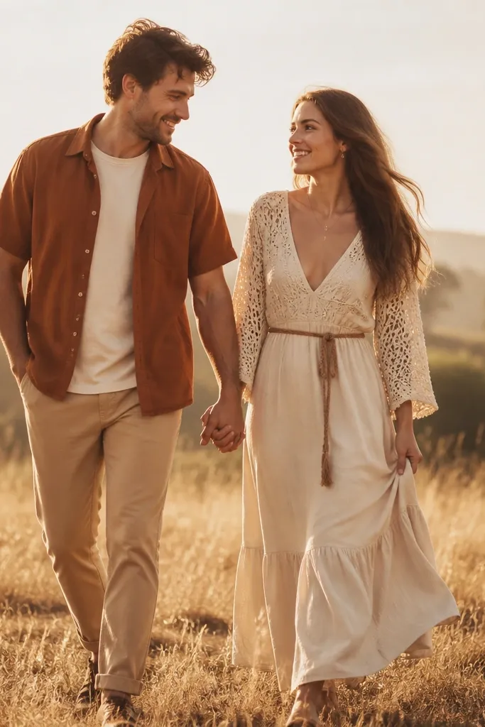 A warm outdoor field vibe: men in a rust-brown short-sleeve shirt over a cream tee with tan trousers; women in a cream maxi dress with crochet sleeves and a braided belt. Sunlight creates golden edges around the fabric.