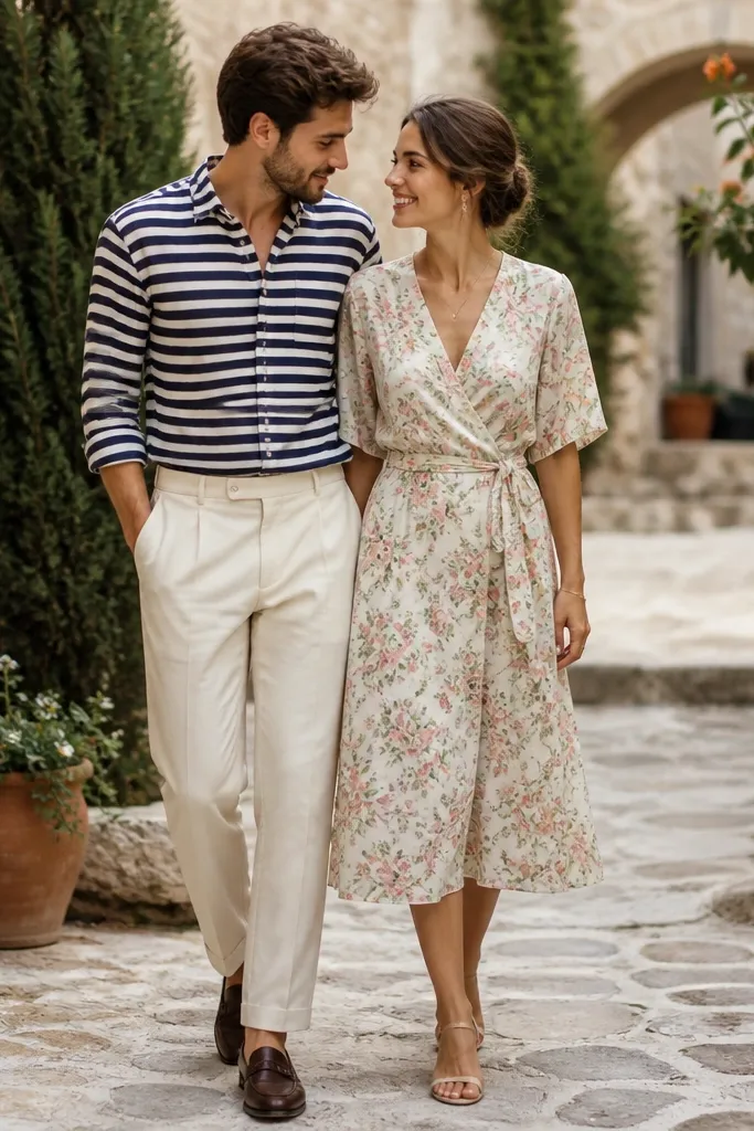 A quaint street or courtyard: men in a navy-and-white striped shirt with cream trousers; women in a soft floral midi dress with a wrap-style waist. The background shows stone walls and greenery.