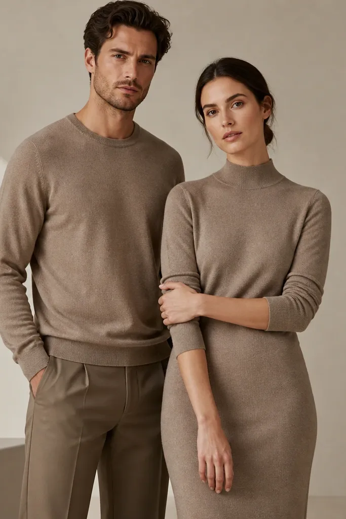 A minimalist backdrop: men in a taupe crew-neck knit and matching tailored trousers; women in a taupe knit dress with a high neckline and a fitted silhouette. The background is neutral and uncluttered.