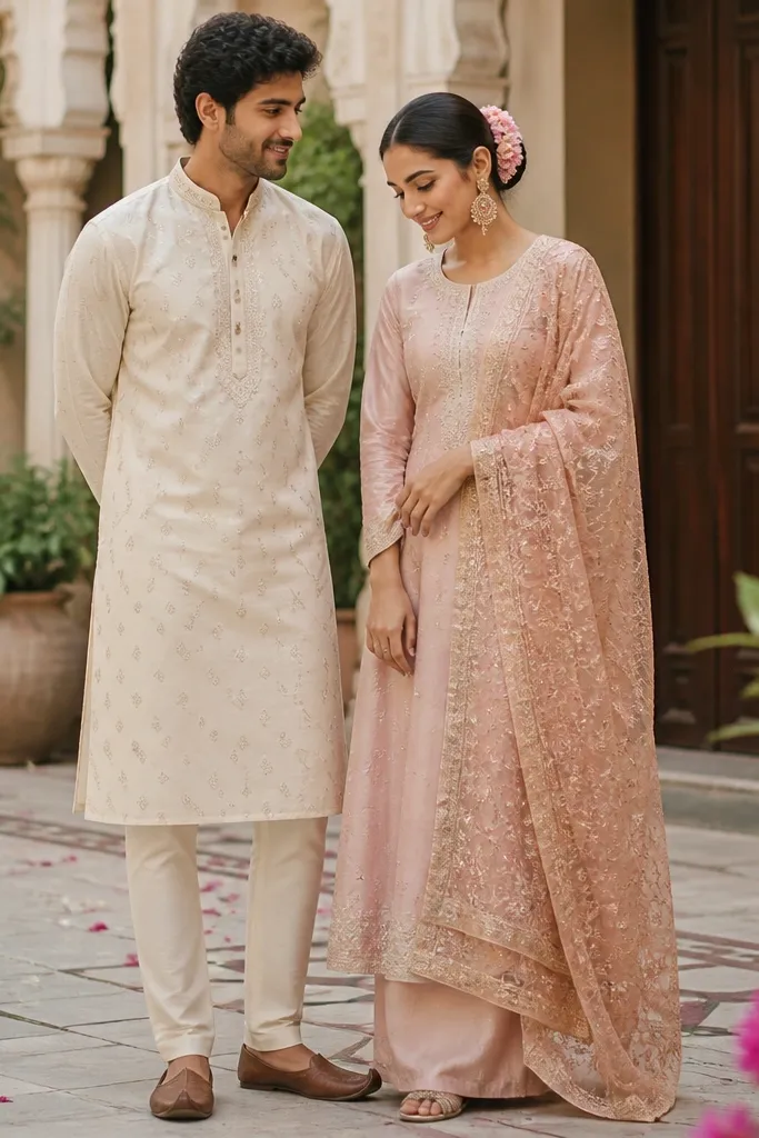 A cultural courtyard vibe: men in a cream kurta with subtle embroidery and matching churidar; women in a pastel outfit with a richly embroidered dupatta draped over one shoulder. Fabric details shimmer under daylight.