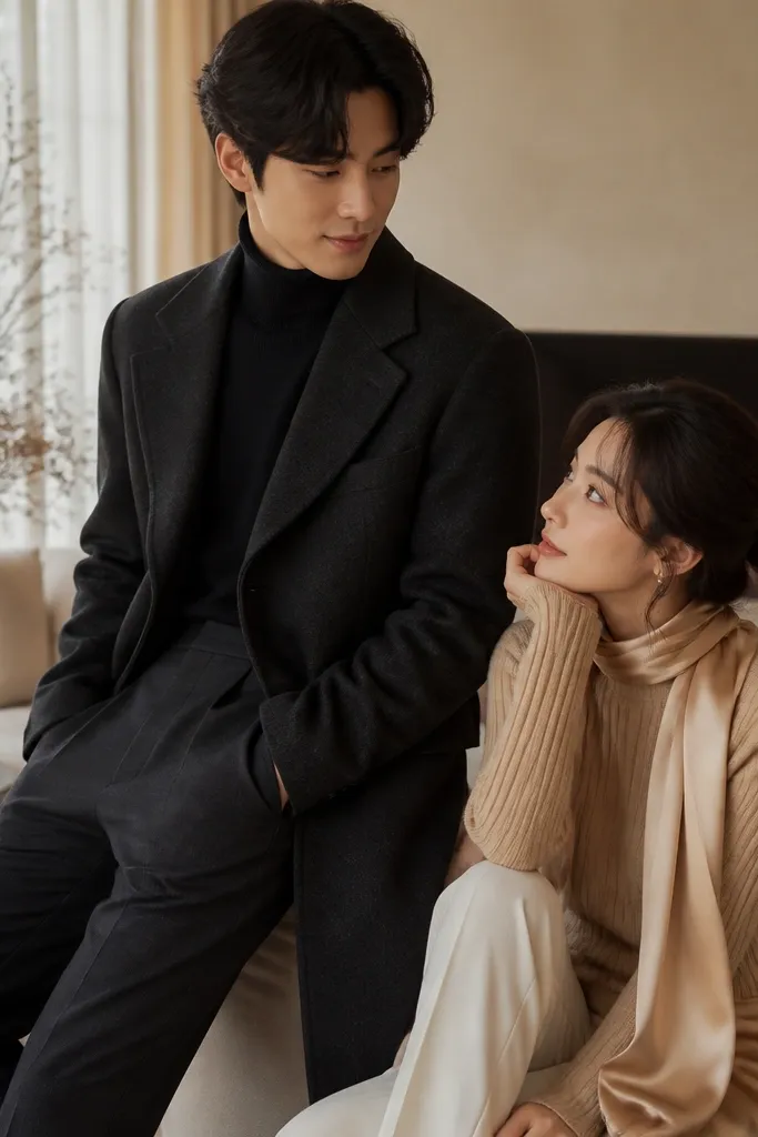 An indoor cozy photoset: men in a dark wool overcoat and turtleneck with tailored trousers; women in a warm knit top with a long satin scarf in champagne gold. Soft indoor lighting creates a gentle glow.