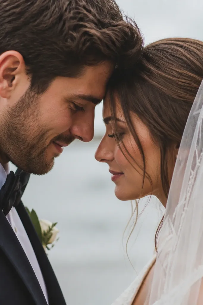 A couple standing close, foreheads touching, eyes soft and slightly down, with the woman’s veil edge visible near her cheek and the man’s suit collar crisp.