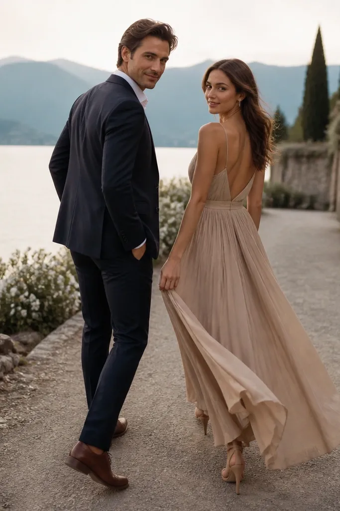 The couple walking along a path; the woman’s dress hem sways while both faces turn slightly toward the camera, with one shoulder angled inward.
