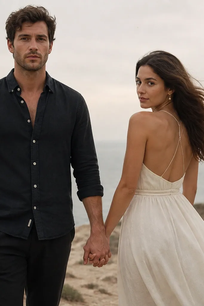 The couple holding hands while the man faces forward and the woman looks back over her shoulder; their linked hands sit at hip height, with wind lifting strands of hair.