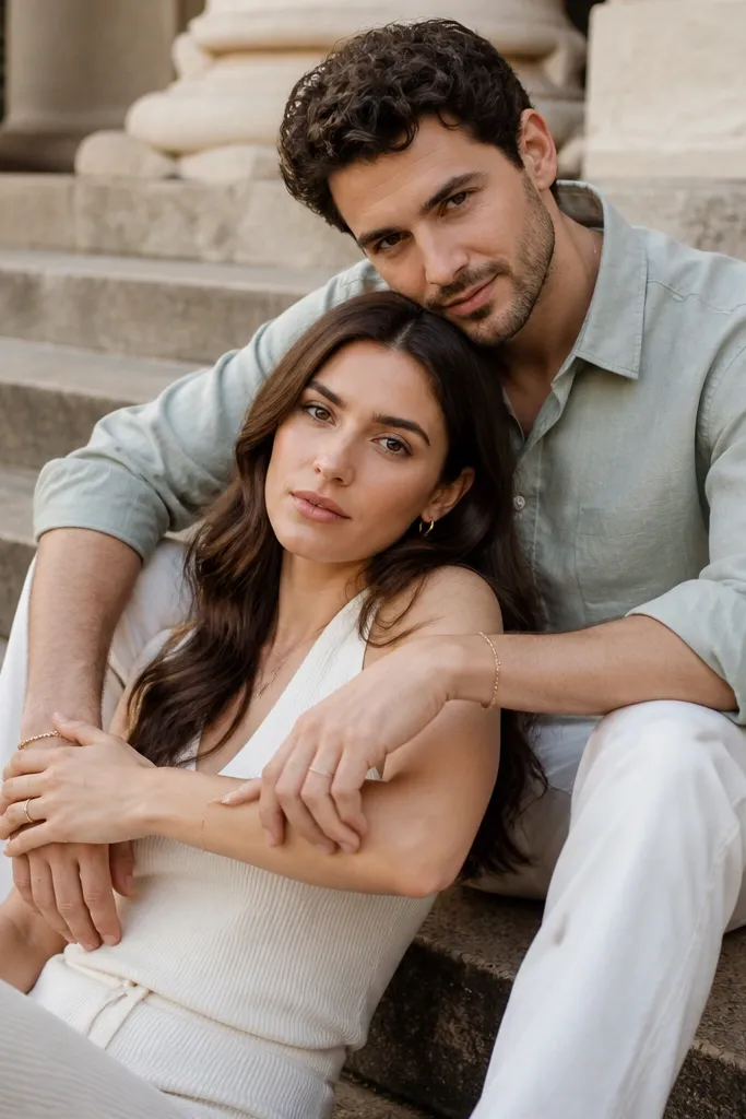 A couple seated on stone steps; the man sits slightly behind and to the side, leaning forward, while the woman leans back into his shoulder, gazing toward the camera.