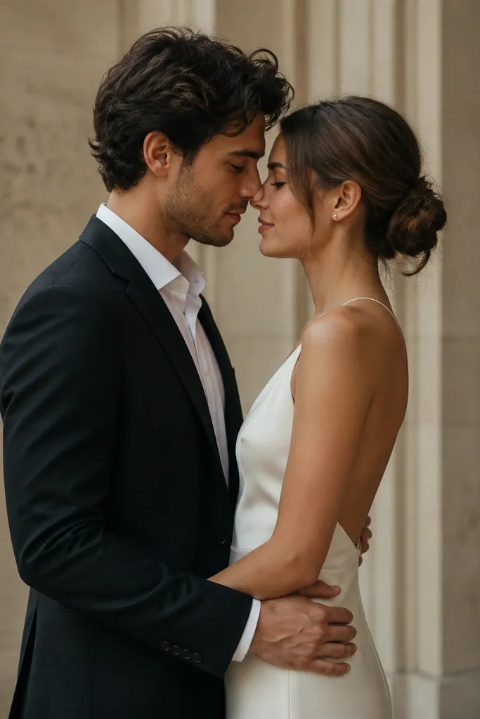 The man’s hands at the woman’s waist as she stands slightly turned; their faces are close, not fully hugging, with a clean side profile and relaxed shoulders.
