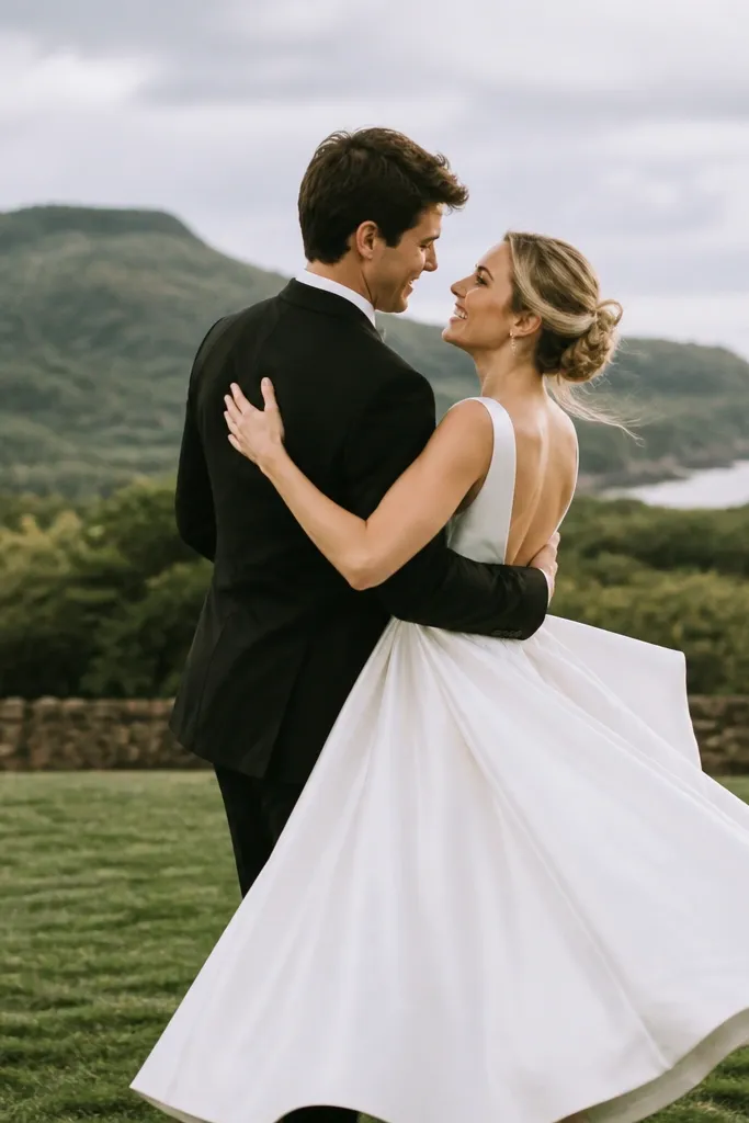 The couple mid-spin outdoors; the woman’s skirt flares, the man’s arm is around her back, and both faces are turned toward each other.