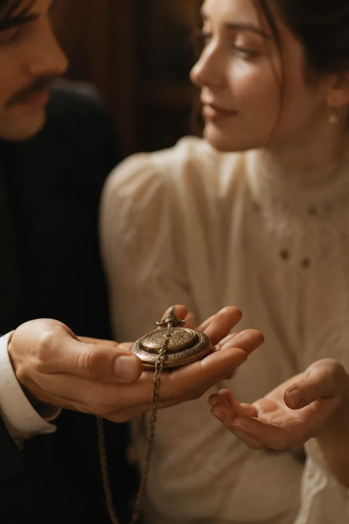 A close shot of the man’s hand offering a pocket watch near the woman’s hand; their faces are softly visible in the background, with warm vintage lighting.