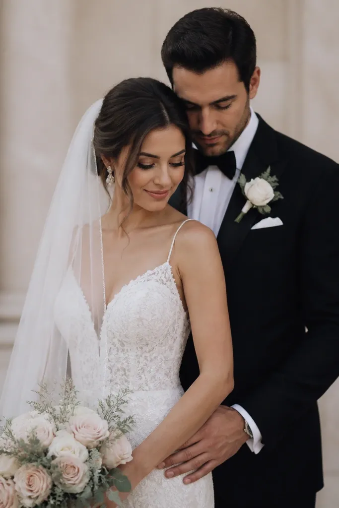 The woman’s veil falls in front of her shoulder while she tilts her head slightly; the man stands behind her with his hands relaxed at her waist, both gazing downward.