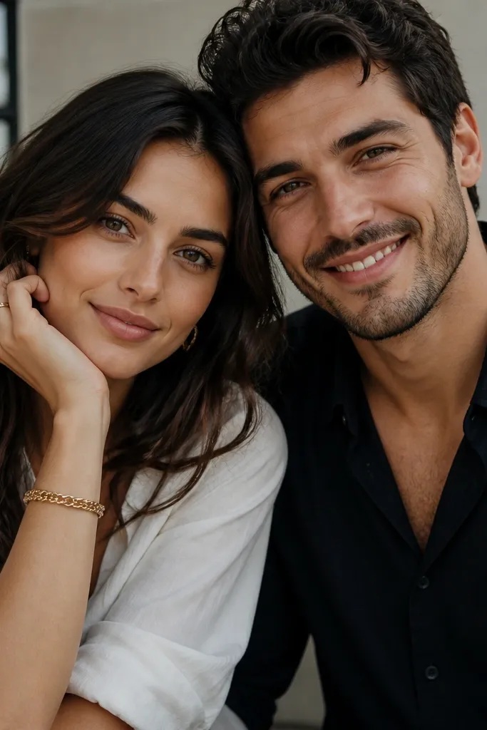 The woman rests her forearm near her cheek while the man leans in beside her; they’re seated or standing close, and both smile naturally at the camera.