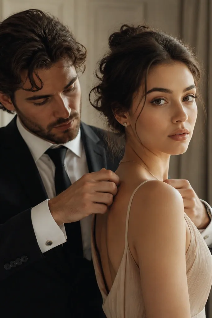 The man’s hands adjust the woman’s dress strap or the man’s own lapel while the woman looks at the camera; the man is caught mid-adjustment from behind her shoulder.