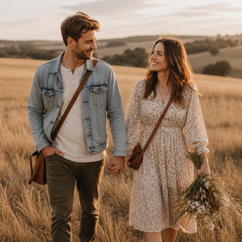 A couple holding hands in a golden-hour field; the man wears a light-wash denim jacket over a cream shirt, the woman wears a flowy midi dress with a small floral print, both with simple tan accessories and a loose wildflower bouquet.