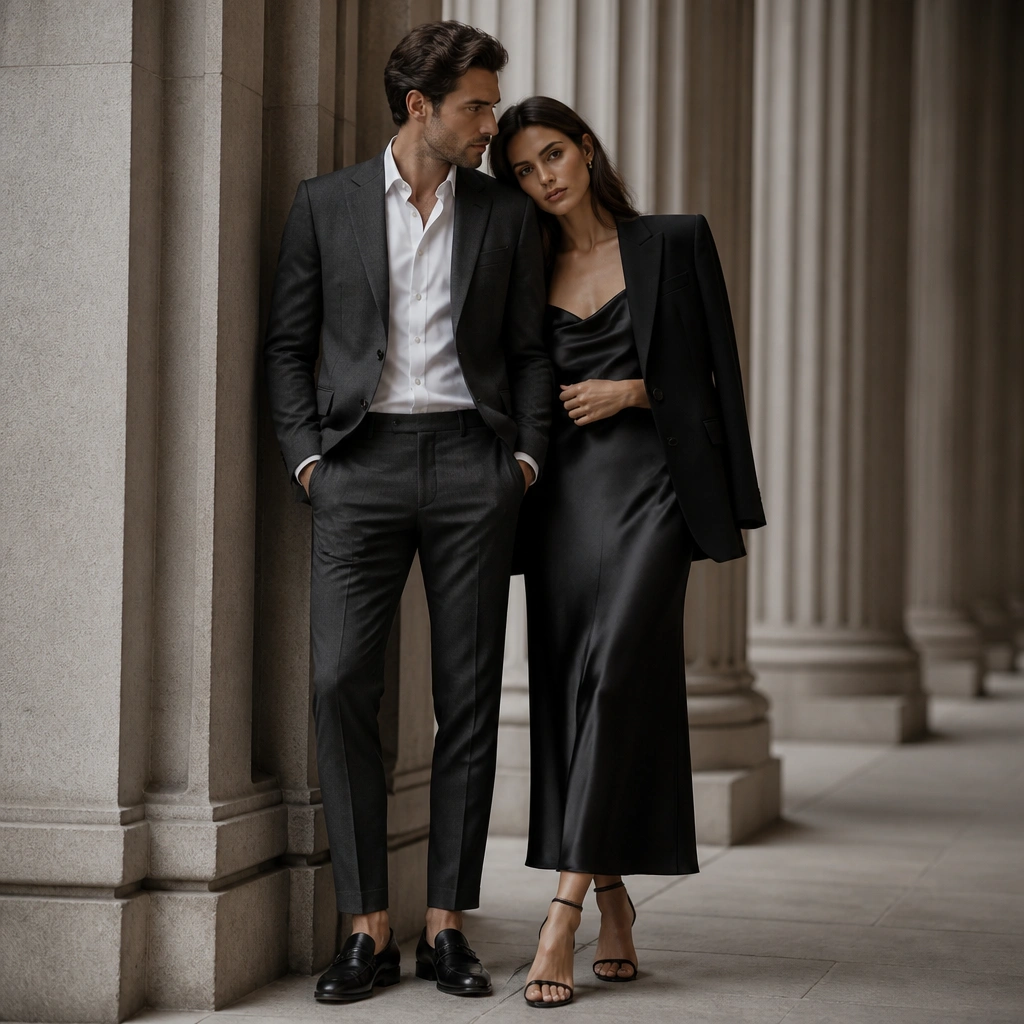 A couple posed near tall stone pillars; the man wears a charcoal suit with a white shirt and black loafers, the woman wears a fitted satin slip dress with a structured blazer, both in black, white, and gray with crisp styling.