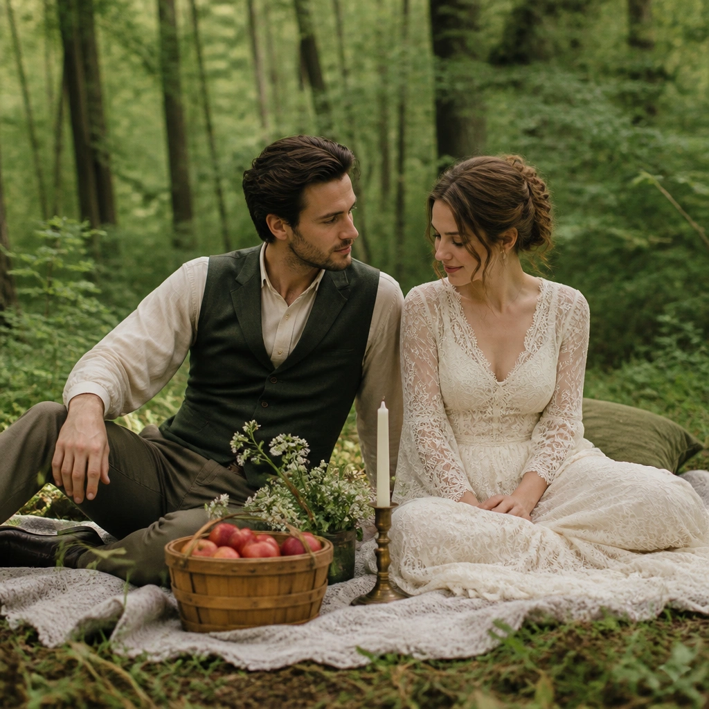 A styled picnic blanket in a green forest setting; the man wears a forest-green vest with a cream shirt, the woman wears a cream lace dress; they sit beside a wooden basket with apples and a simple candle holder.