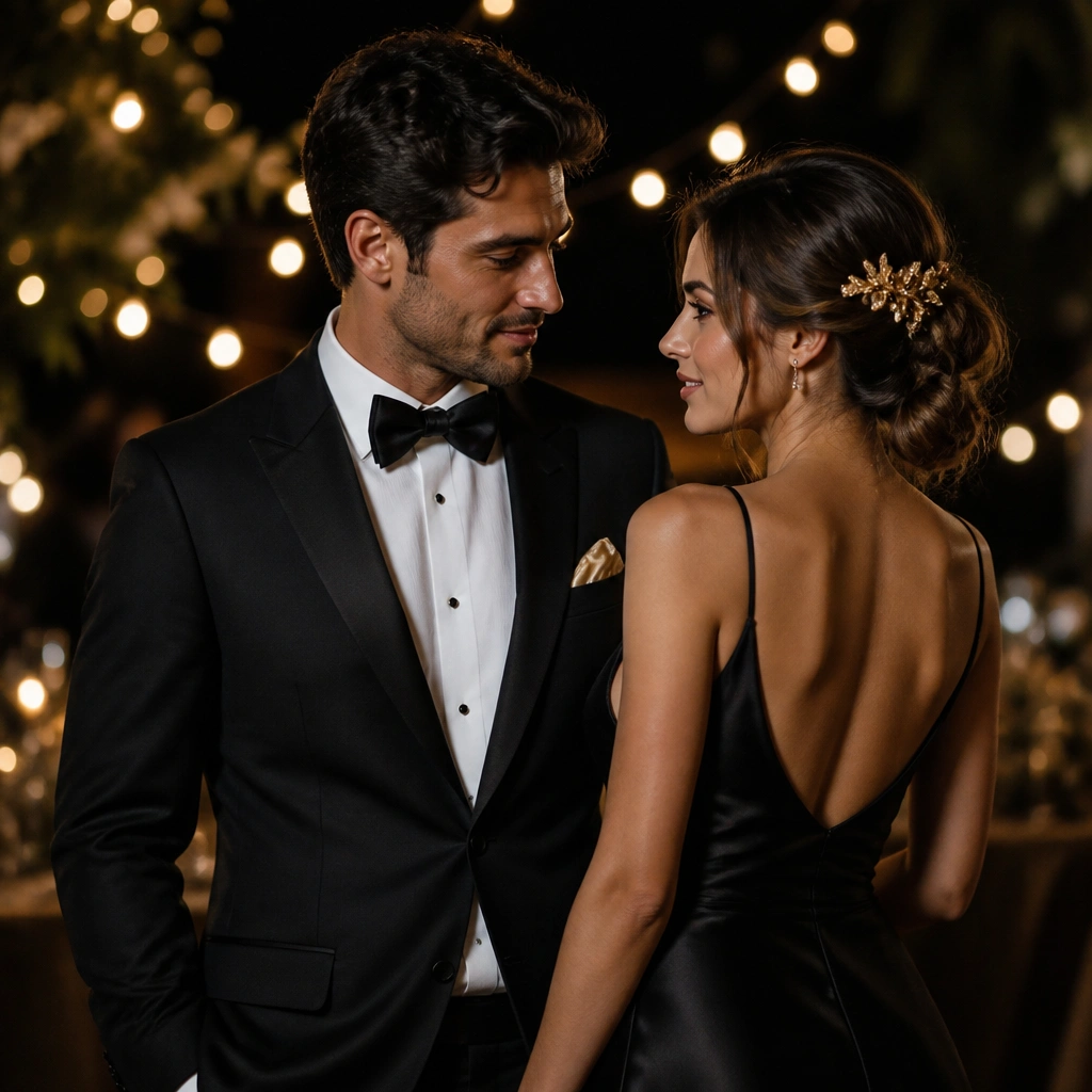 A nighttime elegant setup: the man in a black tuxedo with a gold pocket square, the woman in a black satin gown with a gold hair accessory; warm fairy lights blur in the background.
