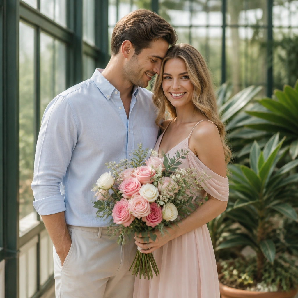 In a botanical garden with glasshouse walls: the man wears a pastel blue shirt and light trousers, the woman wears a blush chiffon dress; they hold a bouquet of pink and white roses with greenery.
