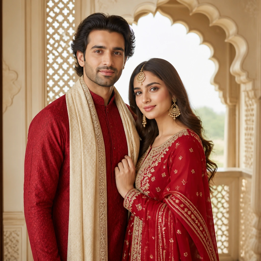 A royal-themed portrait: the man wears a deep red kurta with a subtle pattern and a cream stole, the woman wears a red embellished outfit with gold accents; behind them is an arched window with traditional jharokha-style decor.