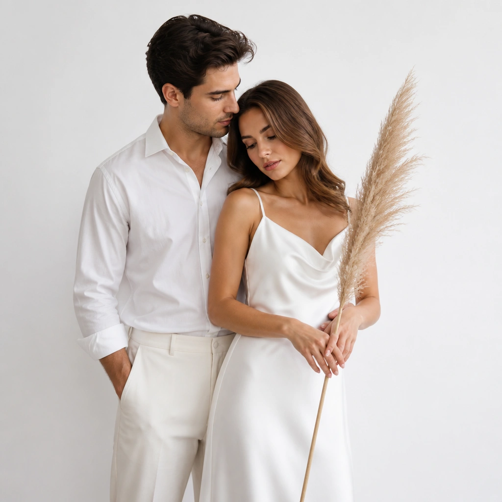 A clean studio scene with a white backdrop: the man in a white shirt and off-white trousers, the woman in a white satin slip dress; both hold a single dried pampas stem and stand in soft, even lighting.