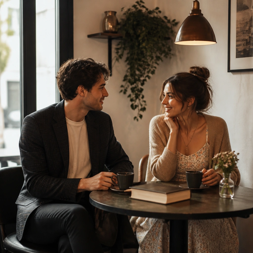 A cozy café corner: the man wears a dark checked blazer with a cream tee, the woman wears a light sundress with a cardigan; they sit at a small table with two cups, a book, and warm pendant lighting.