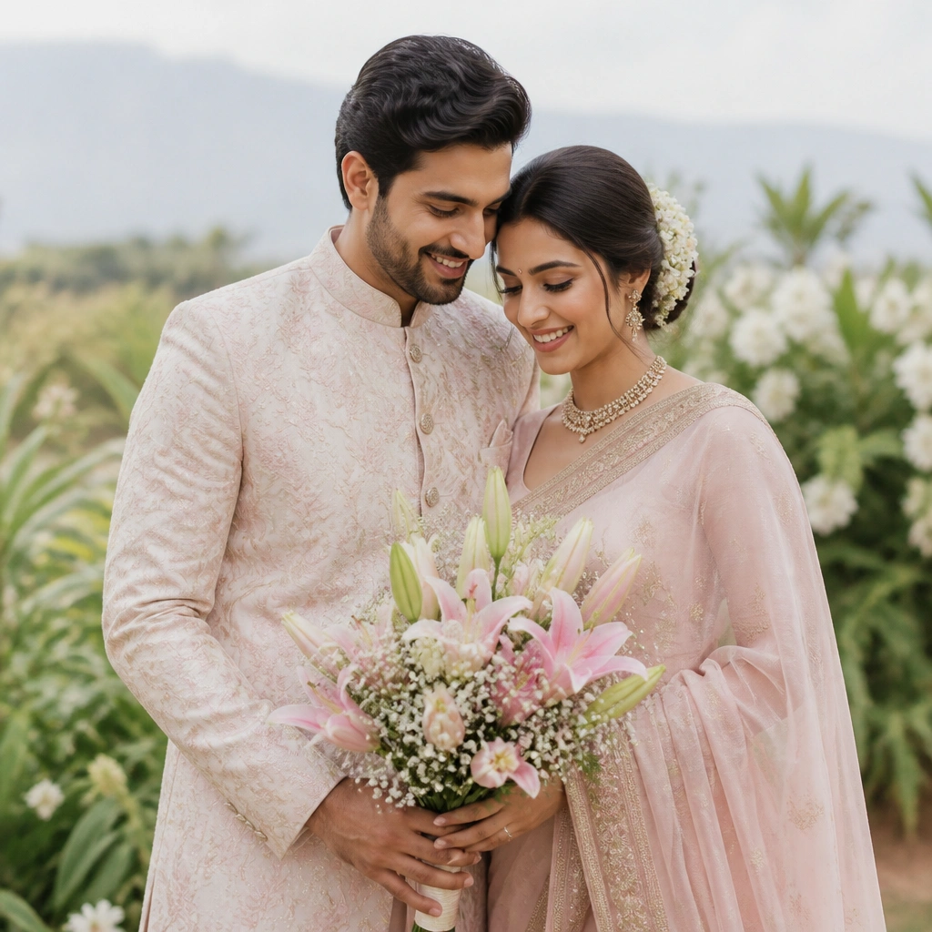 A wedding-traditional theme outdoors: the man wears a pastel sherwani with subtle embroidery, the woman wears a pastel saree with a light border; both hold a bouquet of pastel lilies and baby’s breath.
