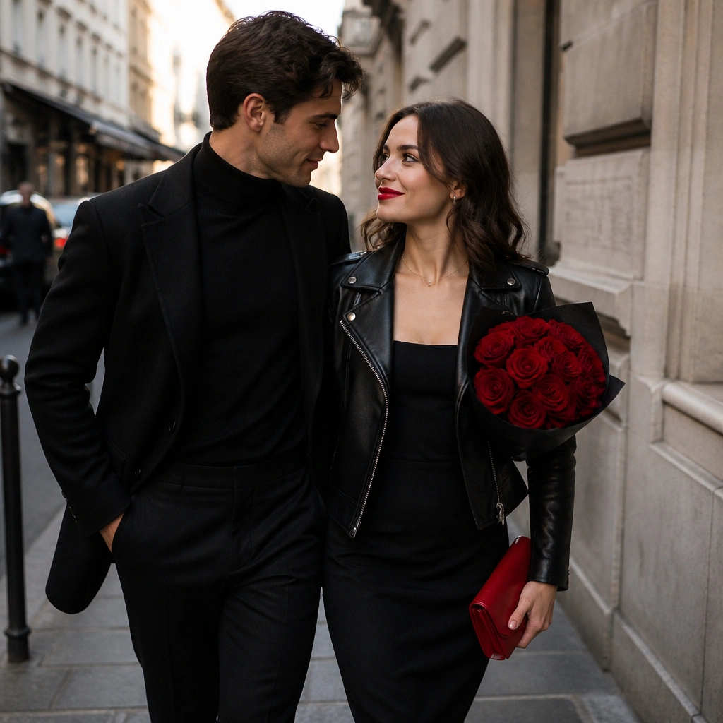 A city street photo: the man wears a black turtleneck and black trousers, the woman wears a black leather jacket over a fitted dress; both have a red lip or a red clutch/bouquet for a clear pop of color.