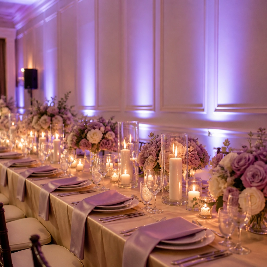 A wedding reception wall washed in soft lavender uplighting, with a long table dressed in champagne satin and lavender napkins; warm candle clusters flicker along the center.
