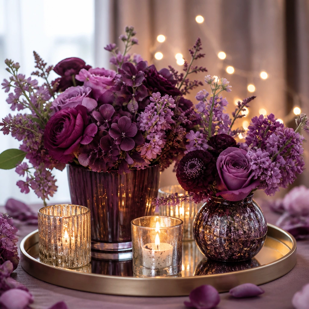 Plum-toned floral arrangements with gold candle holders on a mirrored tray; tiny fairy lights twinkle behind purple petals.