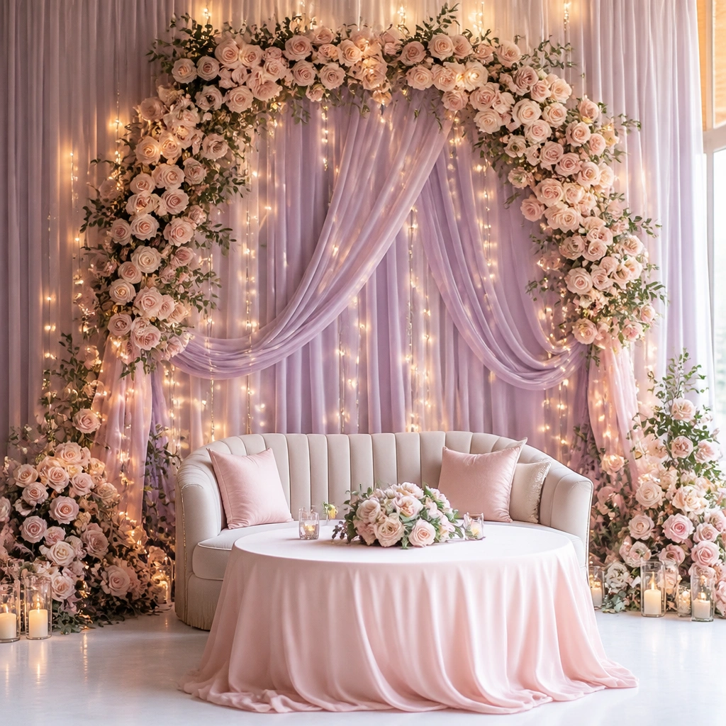 A photo backdrop made of lilac fabric drape layered with blush roses, framed by warm white fairy lights; a couple’s seating area sits in front with blush linens.