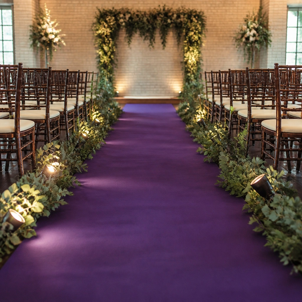 A wedding aisle decorated with royal purple runner fabric, sage greenery garlands, and small uplights aimed upward between chairs.