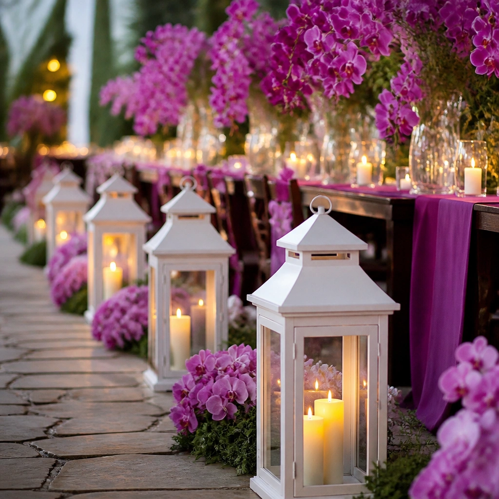 White lanterns lined along a pathway, filled with warm LED candles; orchid-purple florals and table runners glow nearby.