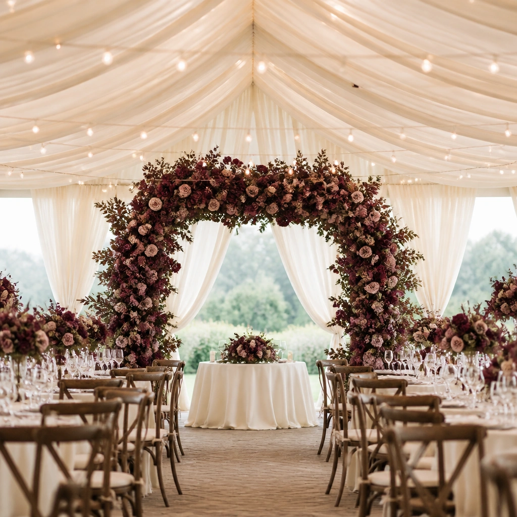 Ivory fabric draping overhead with clustered warm lights; a deep plum floral arch sits at the front, with ivory tablecloths below.