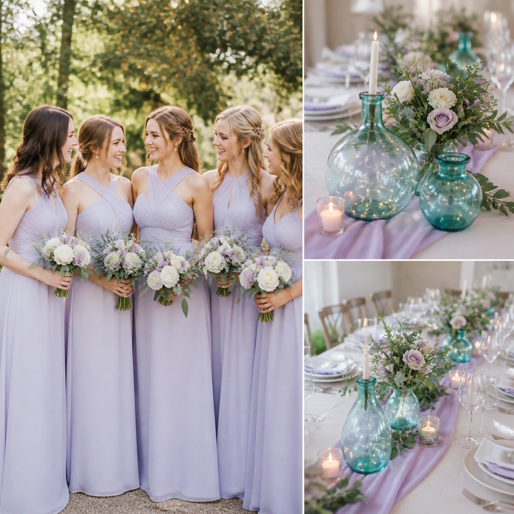 Lavender bridesmaid dresses and a lavender table runner with teal glass vases; only a few teal-tinted fairy light strands wrap the vases.