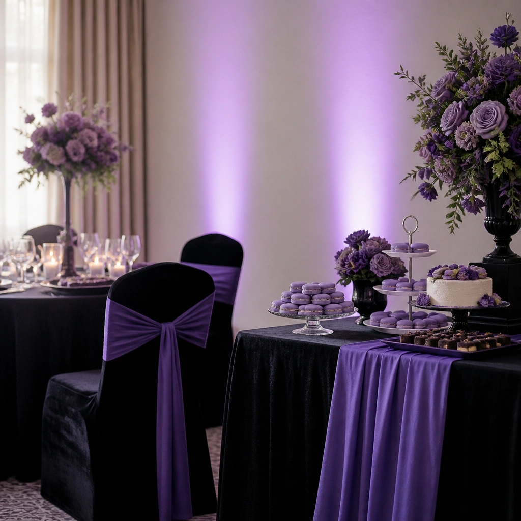 Black velvet chair covers with ultra violet accents; uplights cast a soft purple wash on the wall behind a dessert table with violet macarons.