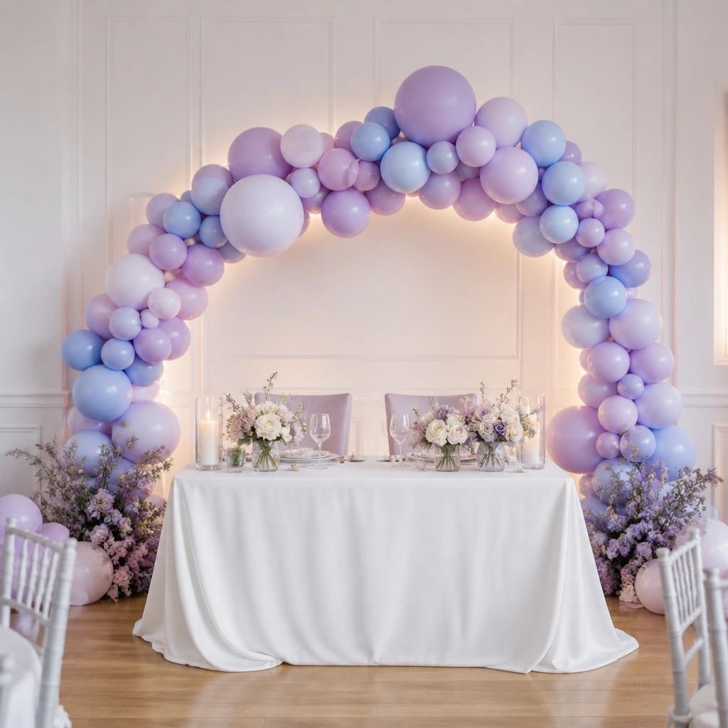 A balloon garland in lilac and periwinkle with a warm LED strip hidden behind the balloons; it frames a sweetheart table with white linens.