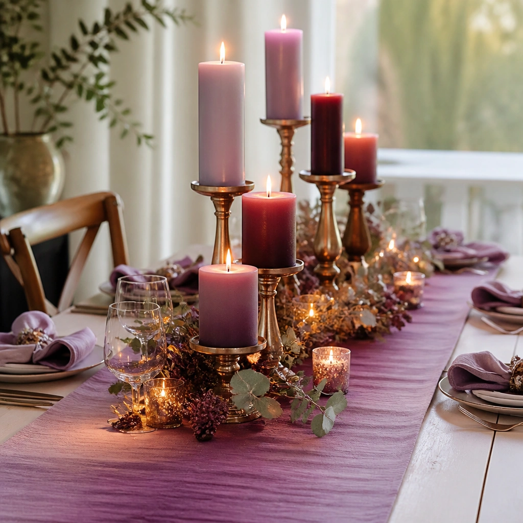 A table runner that fades from lavender to plum, styled with a ladder of varying heights of candles; warm lights glow around the base.