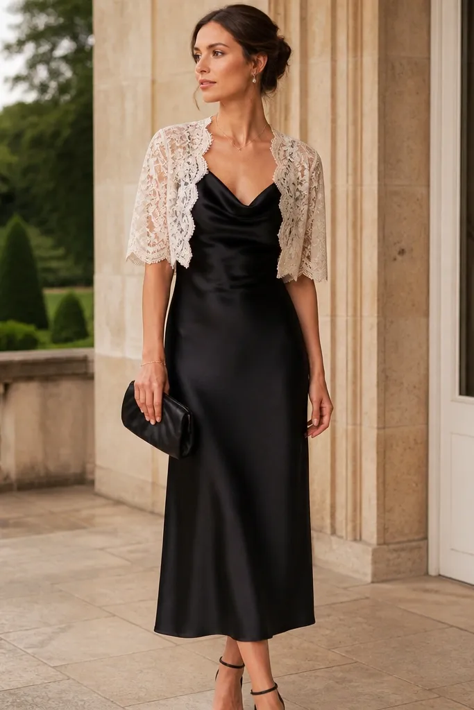 A black satin cowl-neck midi dress paired with a short ivory-lace cropped shawl and a small black satin clutch. The look shows a soft drape across the bodice and a sleek hem that lands mid-calf.