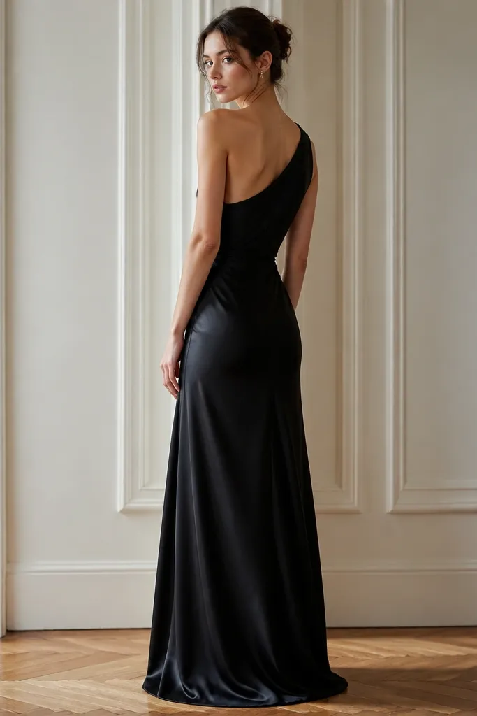 A black one-shoulder satin gown with a smooth drape and a subtle low back. The photo shows the neckline holding shape and the hem falling to the floor.