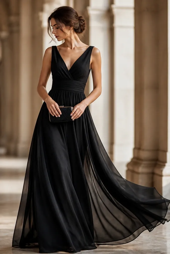 A floor-length black chiffon dress with a fitted bodice and softly flowing skirt. The image shows the chiffon layers catching light and moving slightly, with minimal jewelry and a clutch at the waist.
