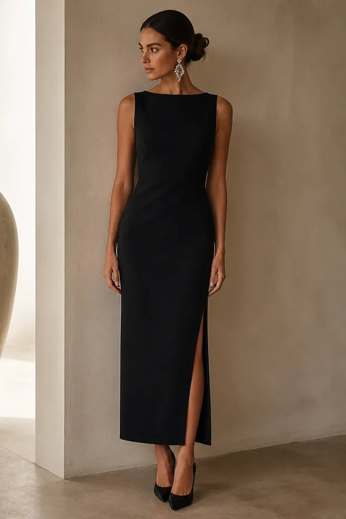 A black midi column dress with a modest high slit, styled with bold chandelier earrings and sleek pointed-toe heels. The image focuses on the clean lines of the column silhouette.