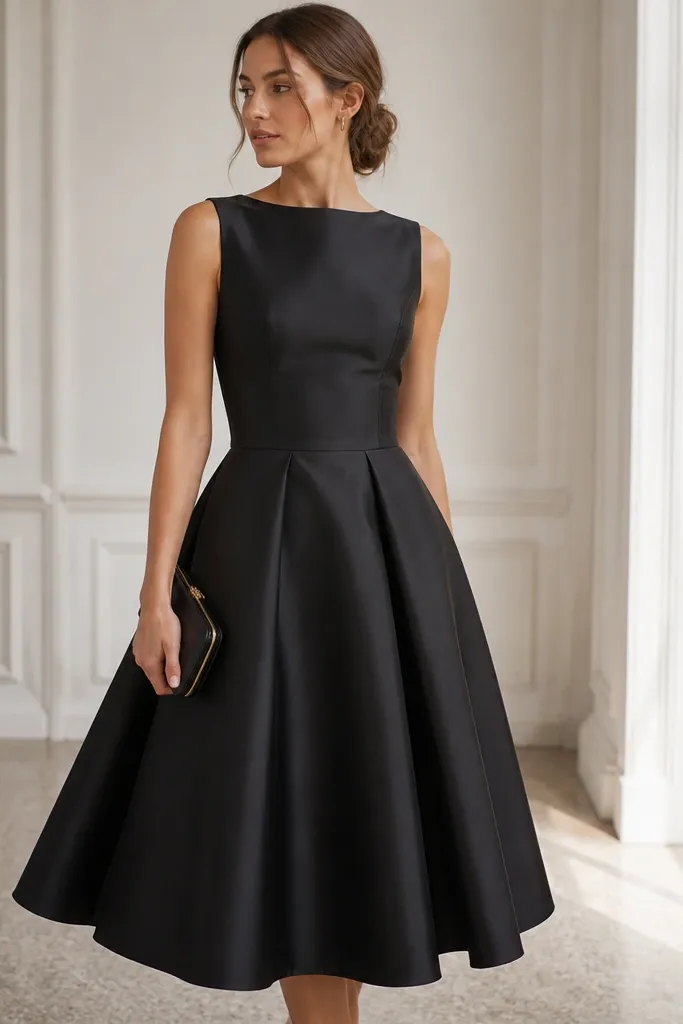 A black taffeta fit-and-flare dress with a structured waist seam and a flared skirt. The photo shows crisp fabric texture and a defined waistline with a simple clutch.